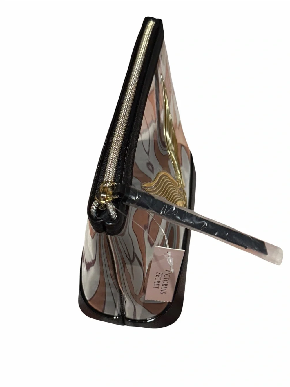 Victoria's Secret Black & Clear Cosmetic Pouch with Gold Wing Emblem